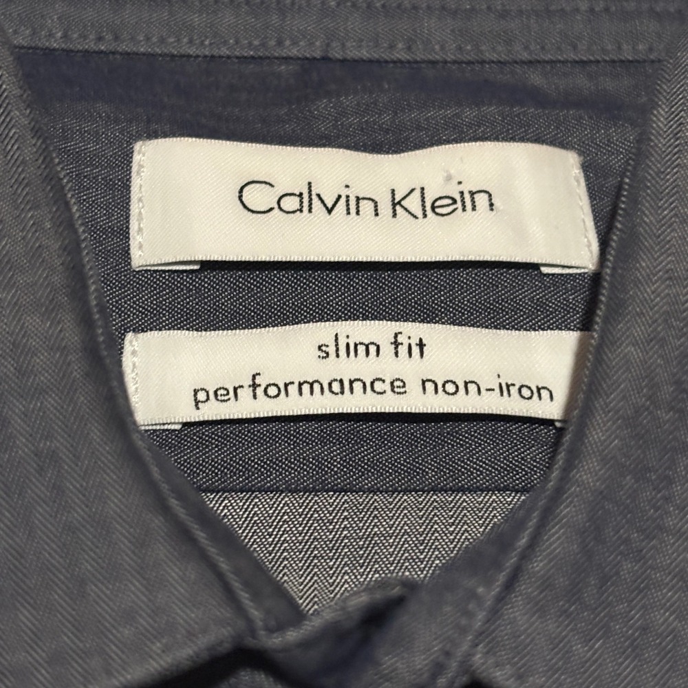 Calvin Klein Dress Shirt Mens 15 32/33 Navy Blue Slim Performance Wrinkle Free - Picture 7 of 7